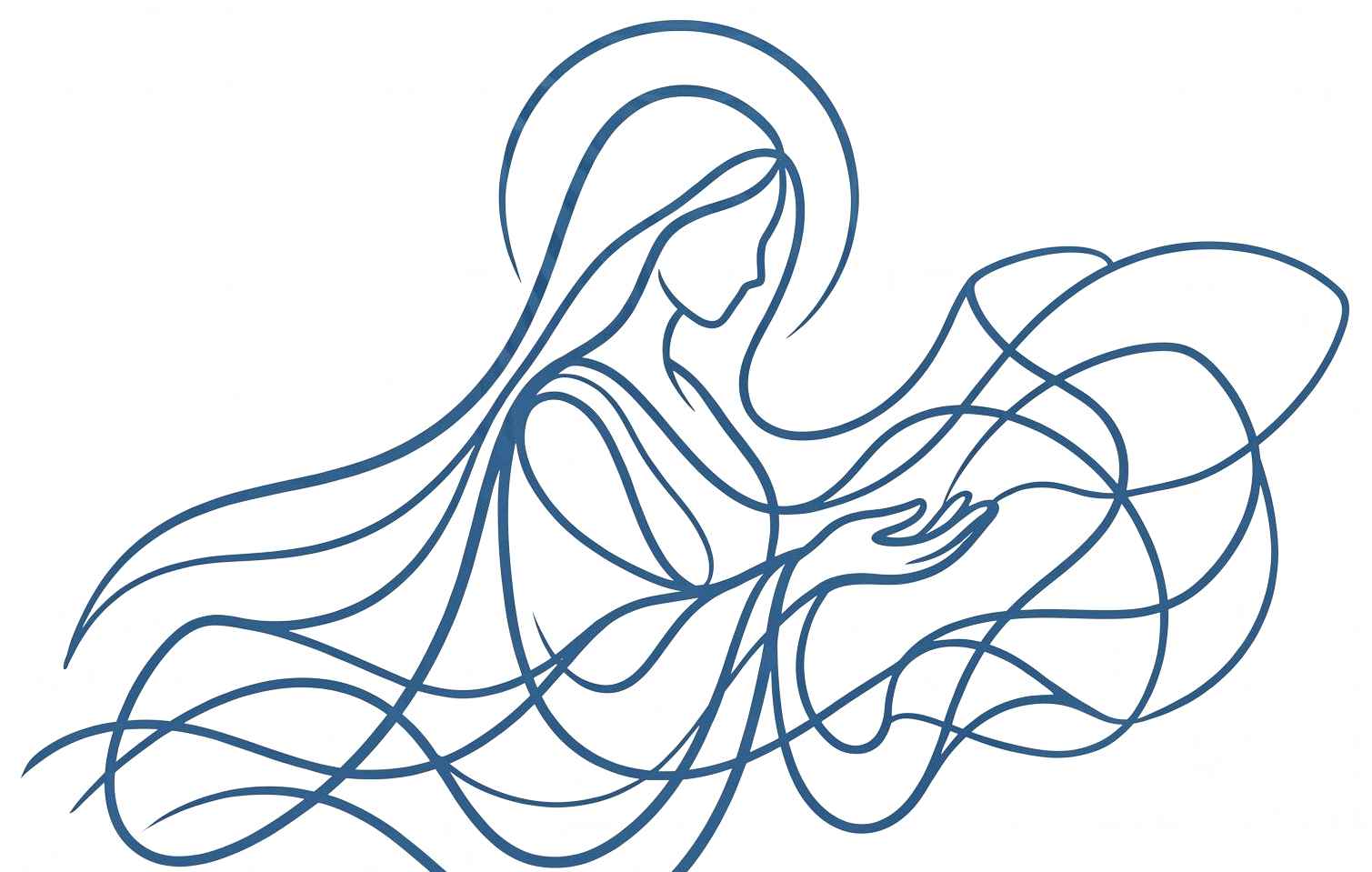 Maya — a figure drawn in a single flowing line, her hair becoming woven threads of fabric